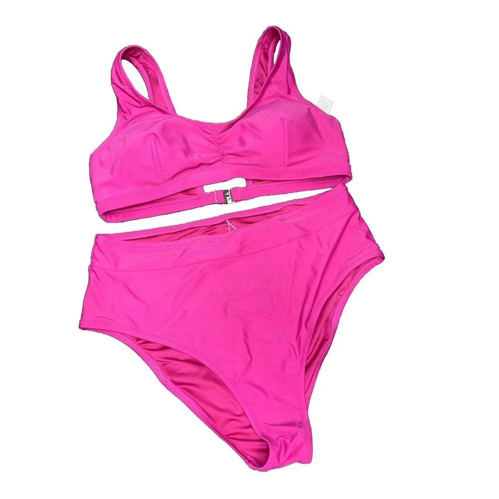 Cupshe Women Fuchsia Pink Bikini Set High Waisted 1X Buckle Remove Pads Ruched